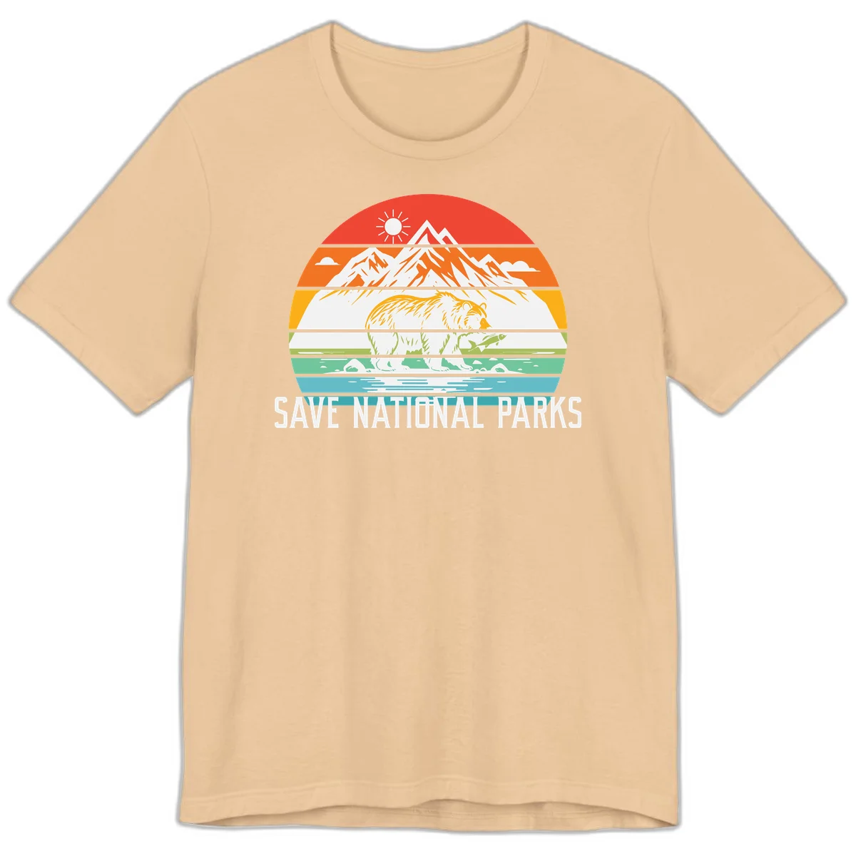 Colorful striped landscape showing mountains, wildlife, and water with 'Save National Parks' text promoting conservation awareness. in Sand Dune