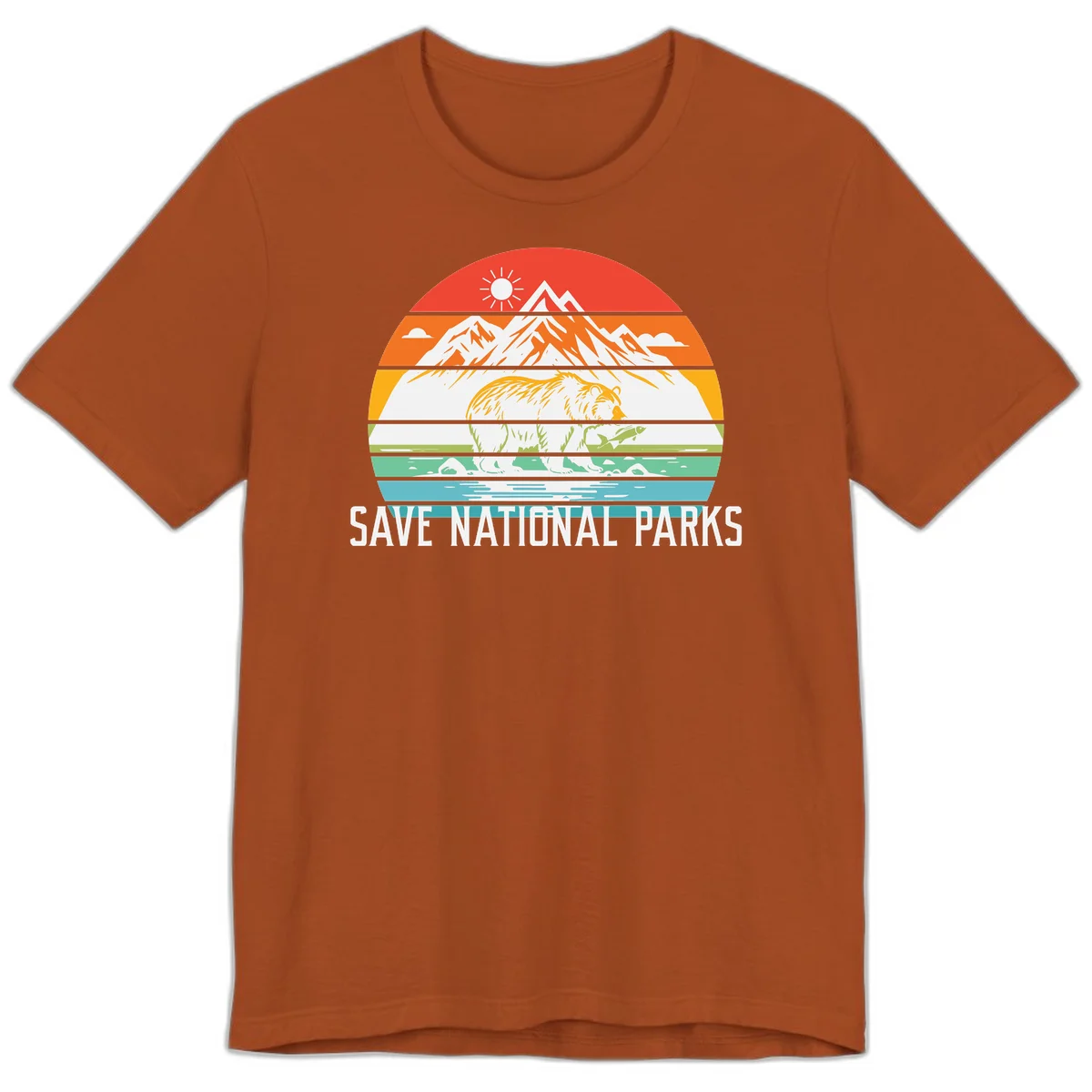Colorful striped landscape showing mountains, wildlife, and water with 'Save National Parks' text promoting conservation awareness. in Autumn