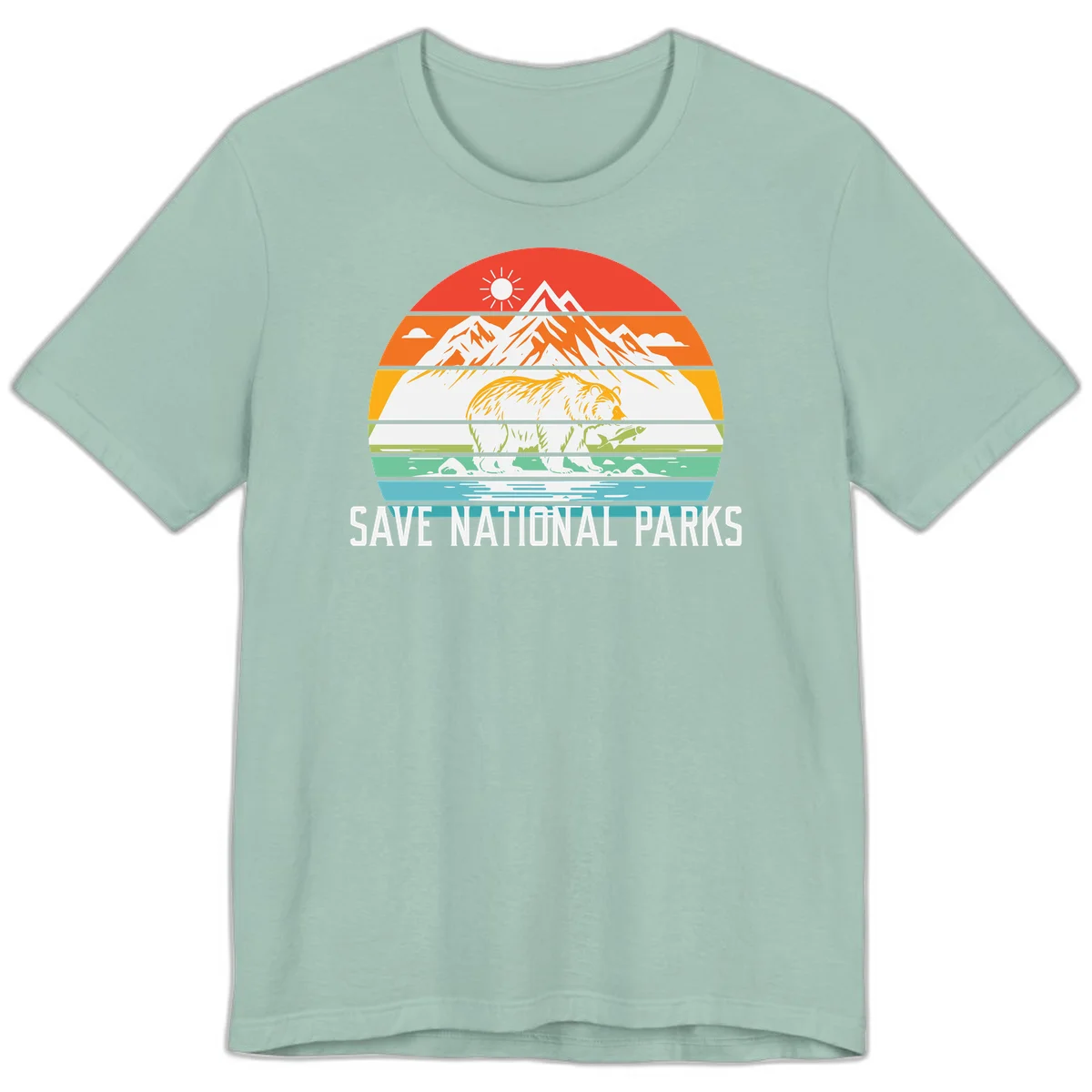 Colorful striped landscape showing mountains, wildlife, and water with 'Save National Parks' text promoting conservation awareness. in Dusty Blue