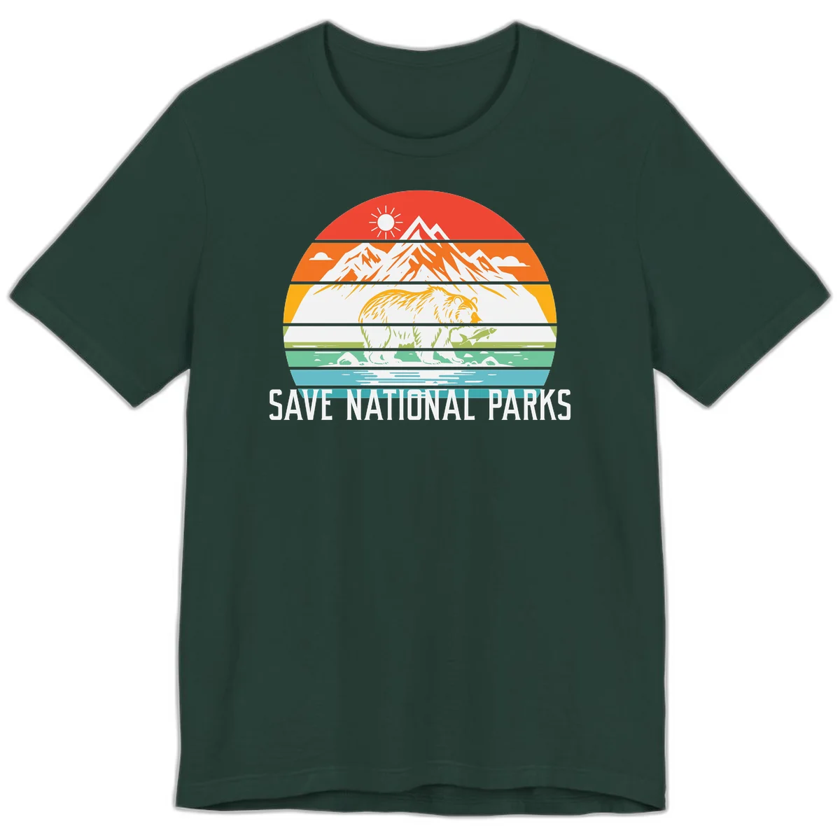 Colorful striped landscape showing mountains, wildlife, and water with 'Save National Parks' text promoting conservation awareness. in Forest