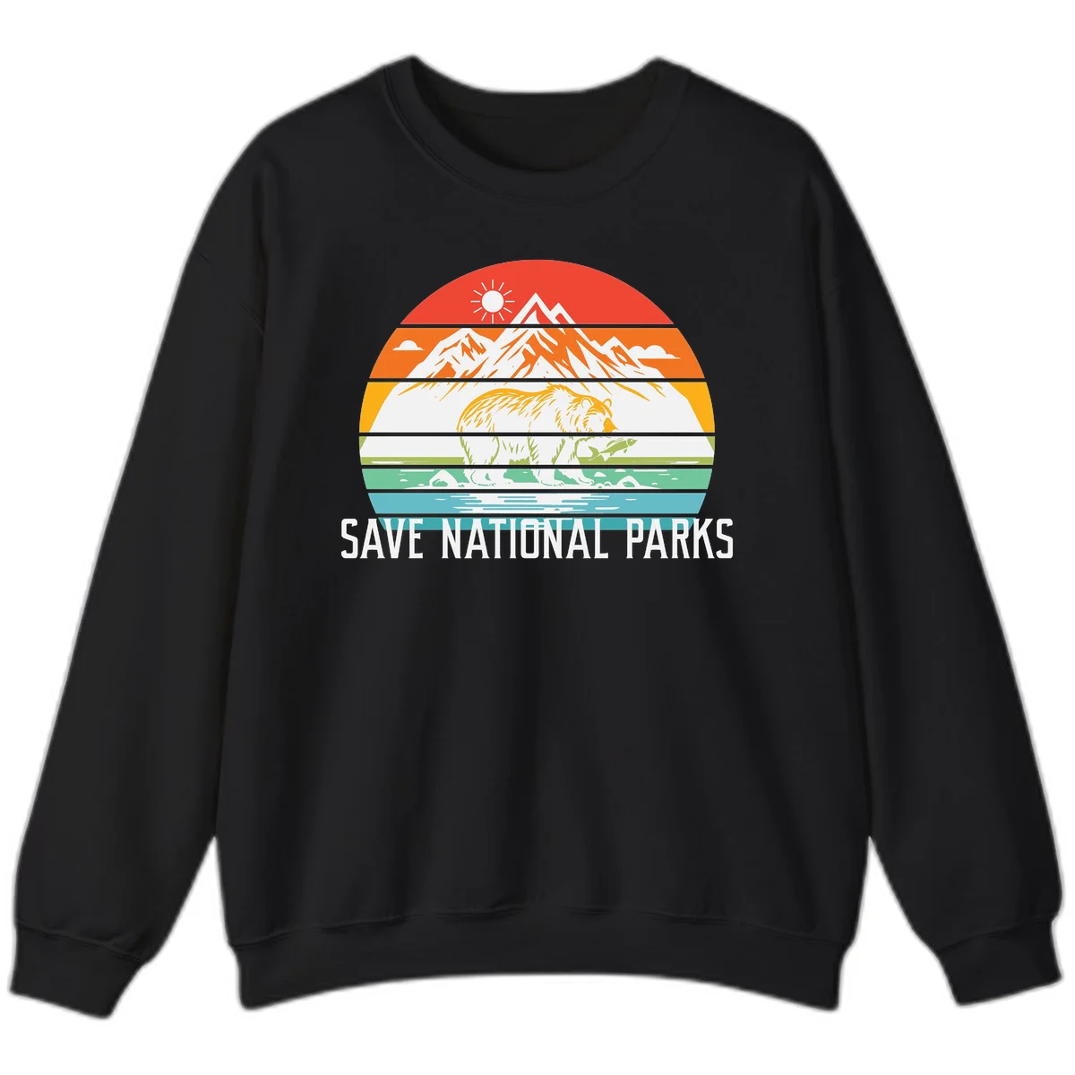Colorful striped landscape showing mountains, wildlife, and water with 'Save National Parks' text promoting conservation awareness. in Black