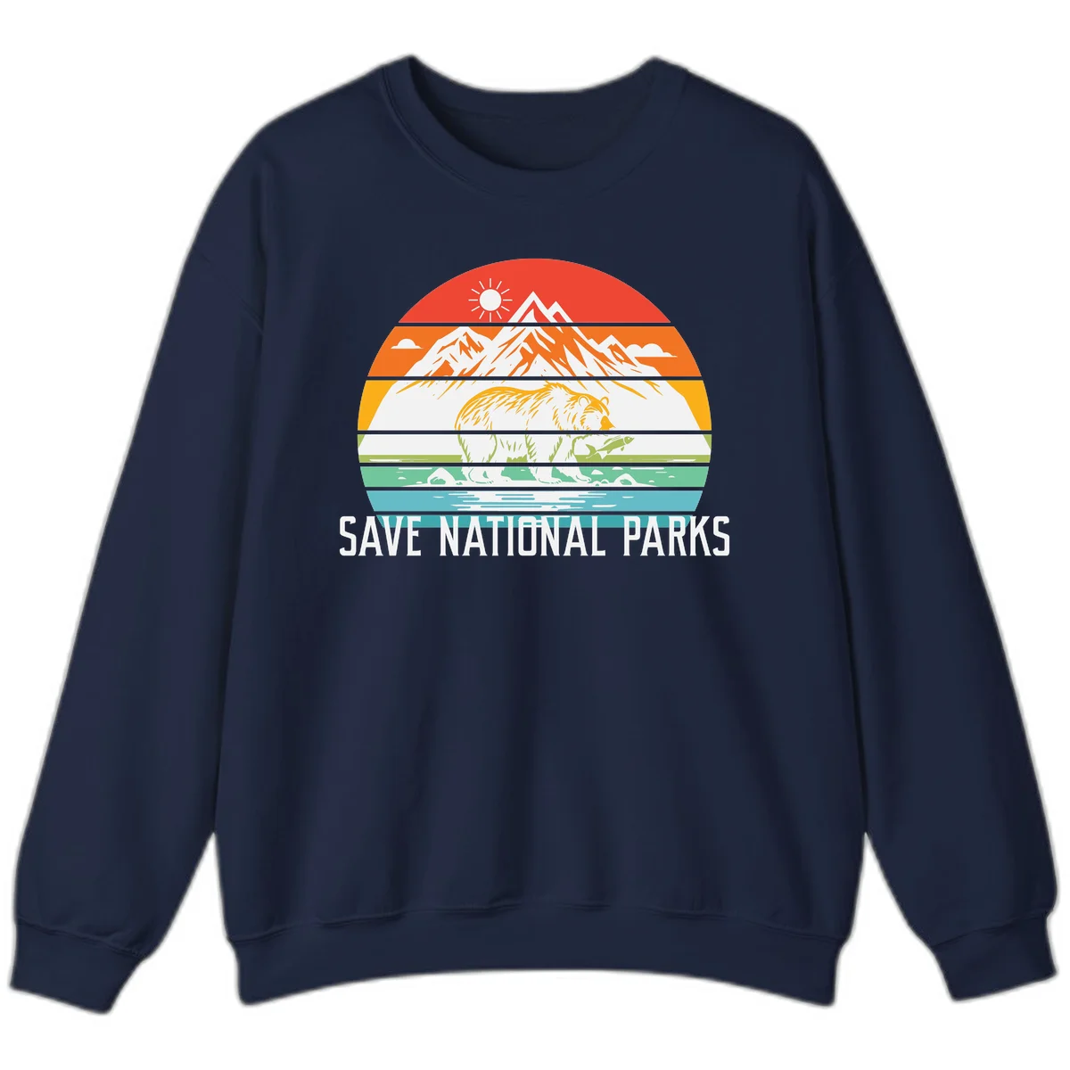 Colorful striped landscape showing mountains, wildlife, and water with 'Save National Parks' text promoting conservation awareness. in Navy