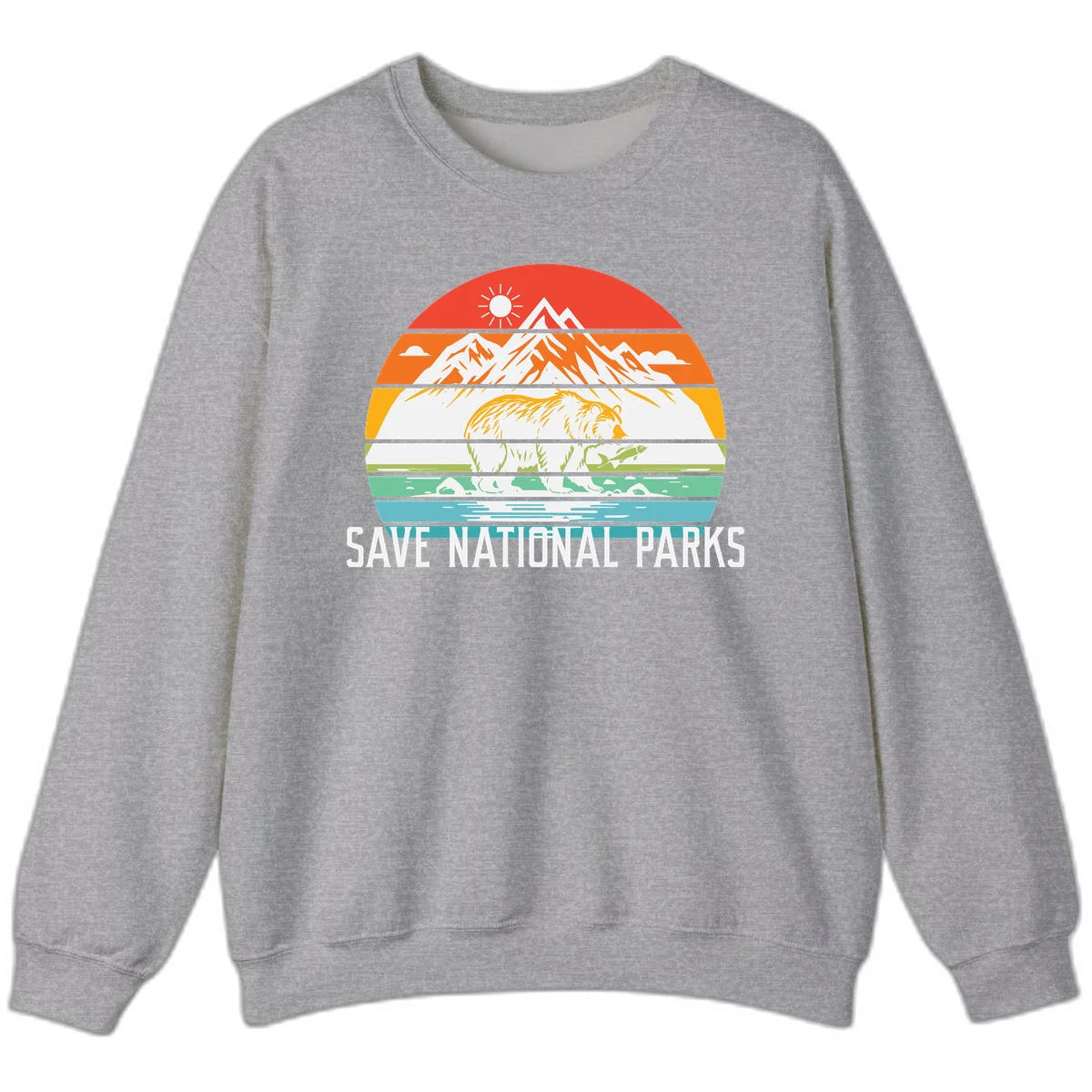 Colorful striped landscape showing mountains, wildlife, and water with 'Save National Parks' text promoting conservation awareness. in Sport Grey