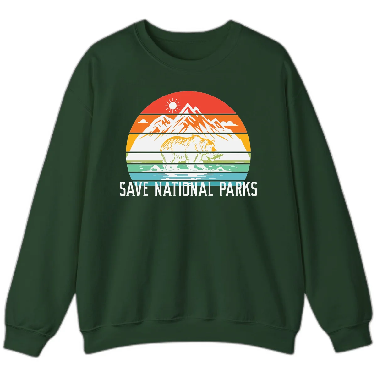 Colorful striped landscape showing mountains, wildlife, and water with 'Save National Parks' text promoting conservation awareness. in Forest Green