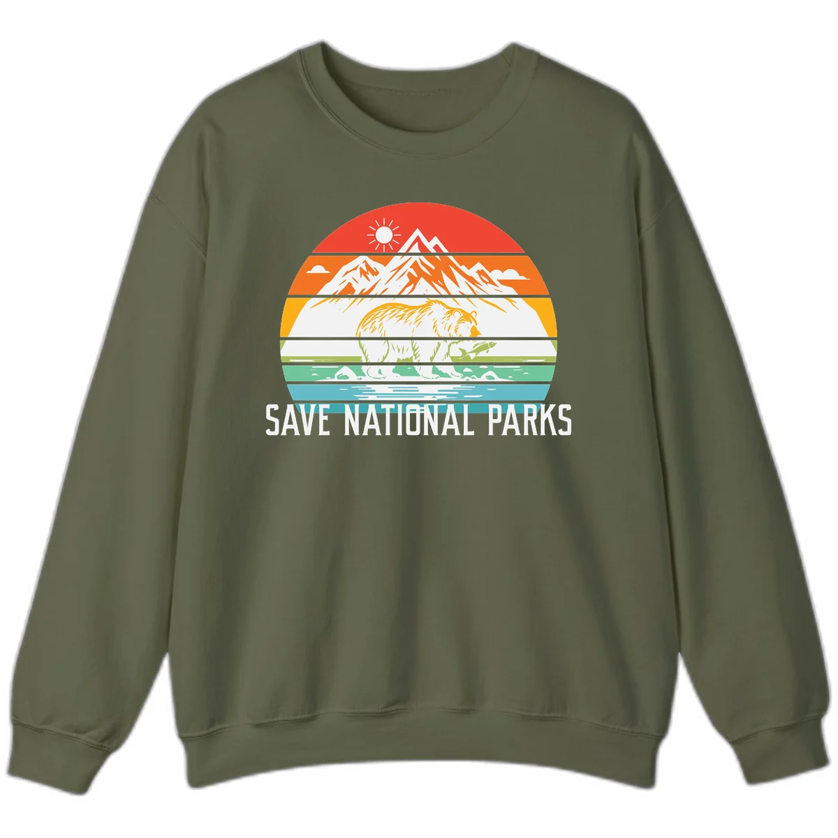 Colorful striped landscape showing mountains, wildlife, and water with 'Save National Parks' text promoting conservation awareness. in Military Green