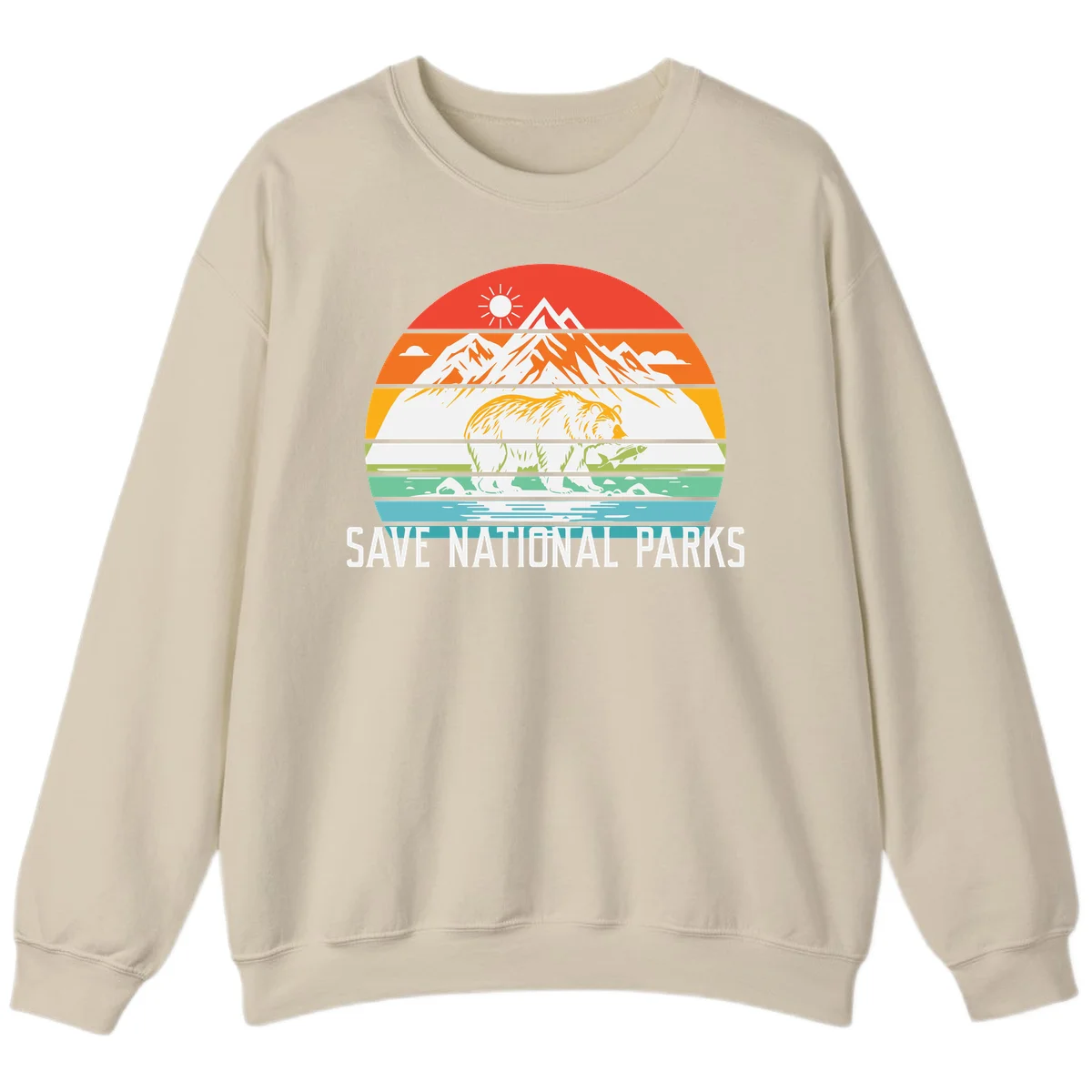 Colorful striped landscape showing mountains, wildlife, and water with 'Save National Parks' text promoting conservation awareness. in Sand