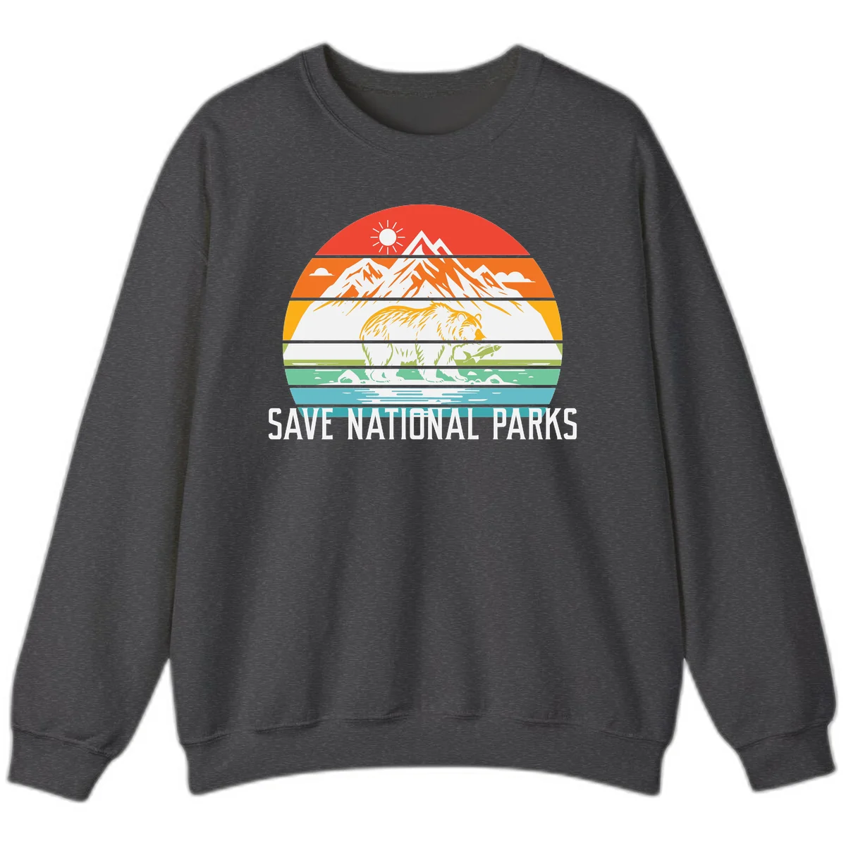 Colorful striped landscape showing mountains, wildlife, and water with 'Save National Parks' text promoting conservation awareness. in Dark Heather