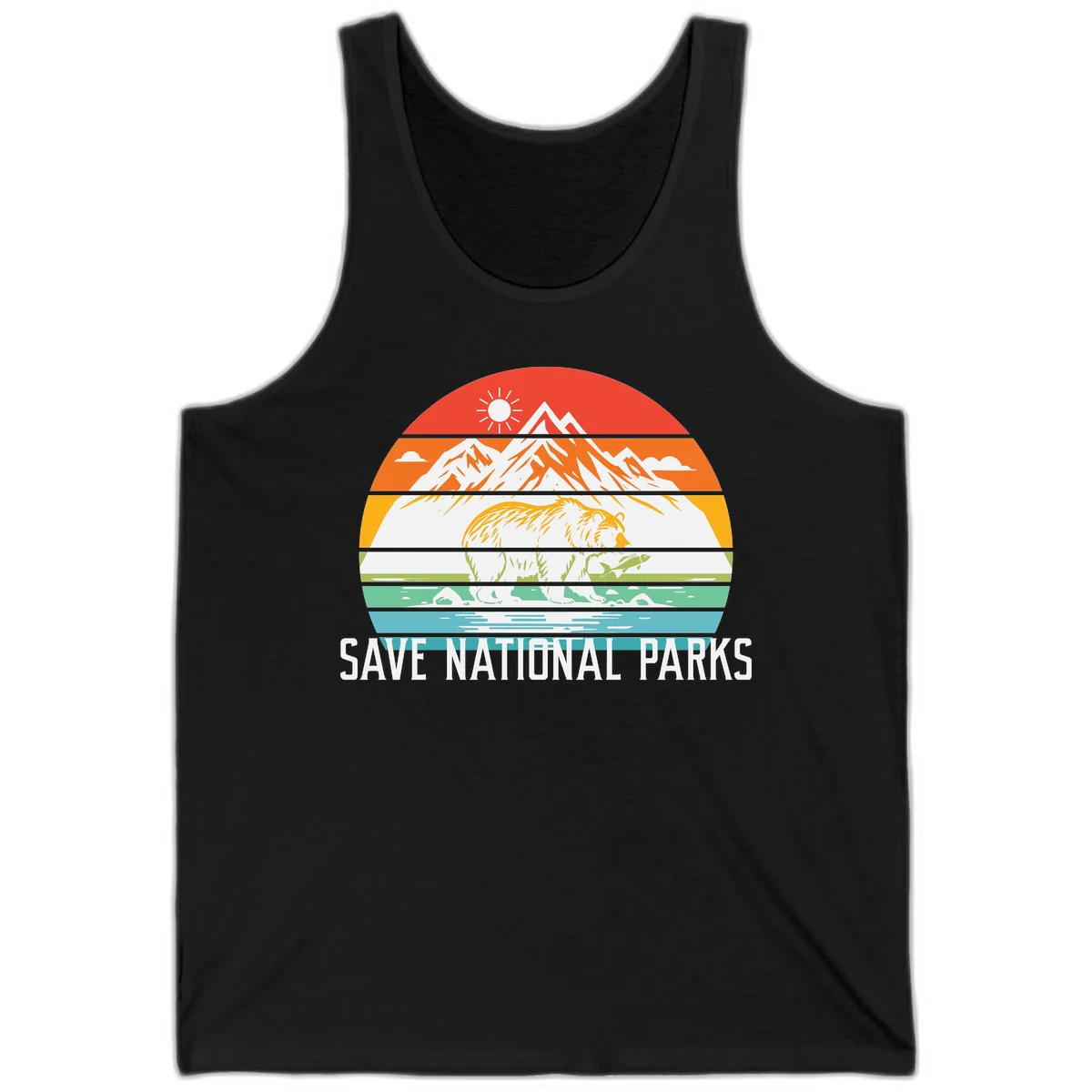 Colorful striped landscape showing mountains, wildlife, and water with 'Save National Parks' text promoting conservation awareness. in Black
