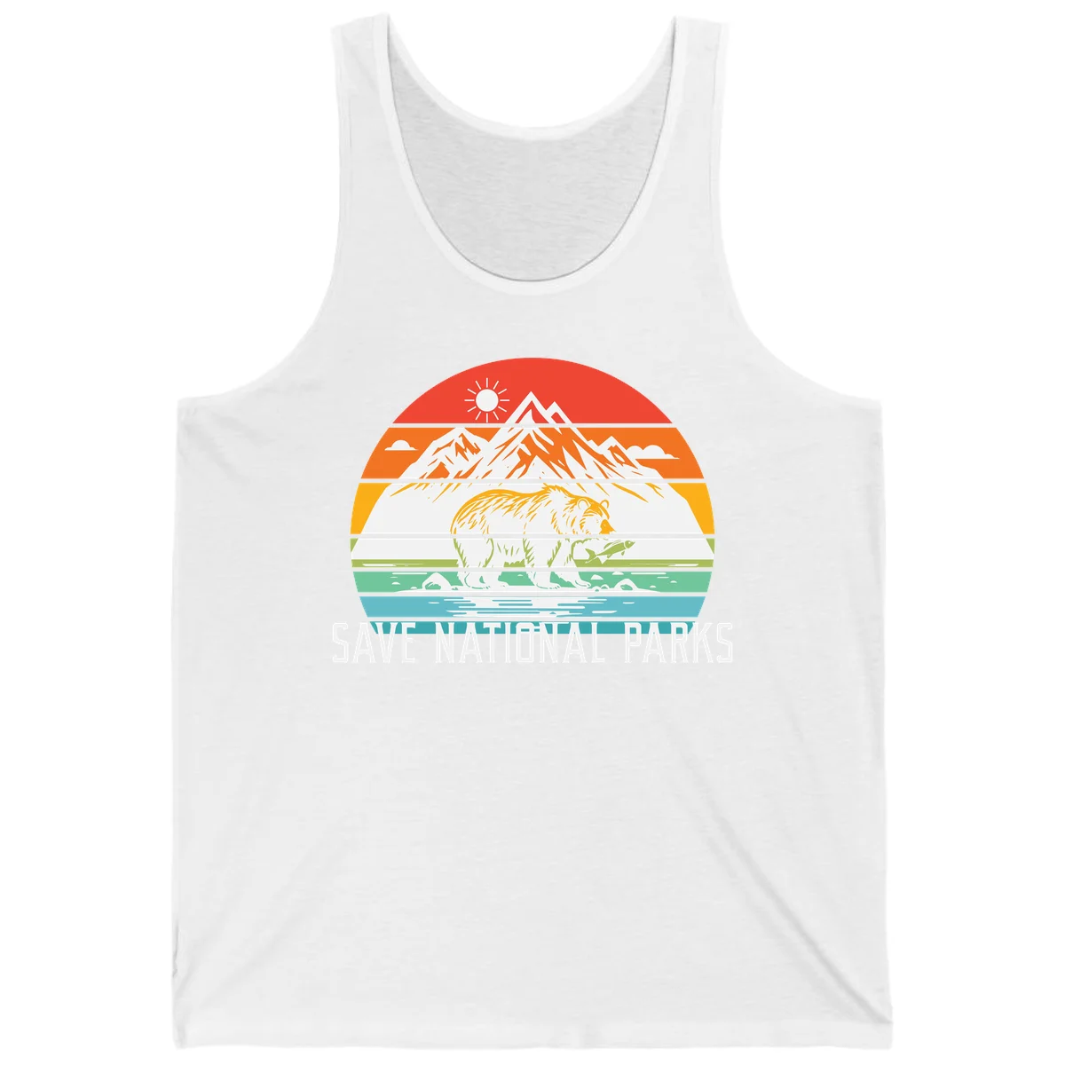 Colorful striped landscape showing mountains, wildlife, and water with 'Save National Parks' text promoting conservation awareness. in White