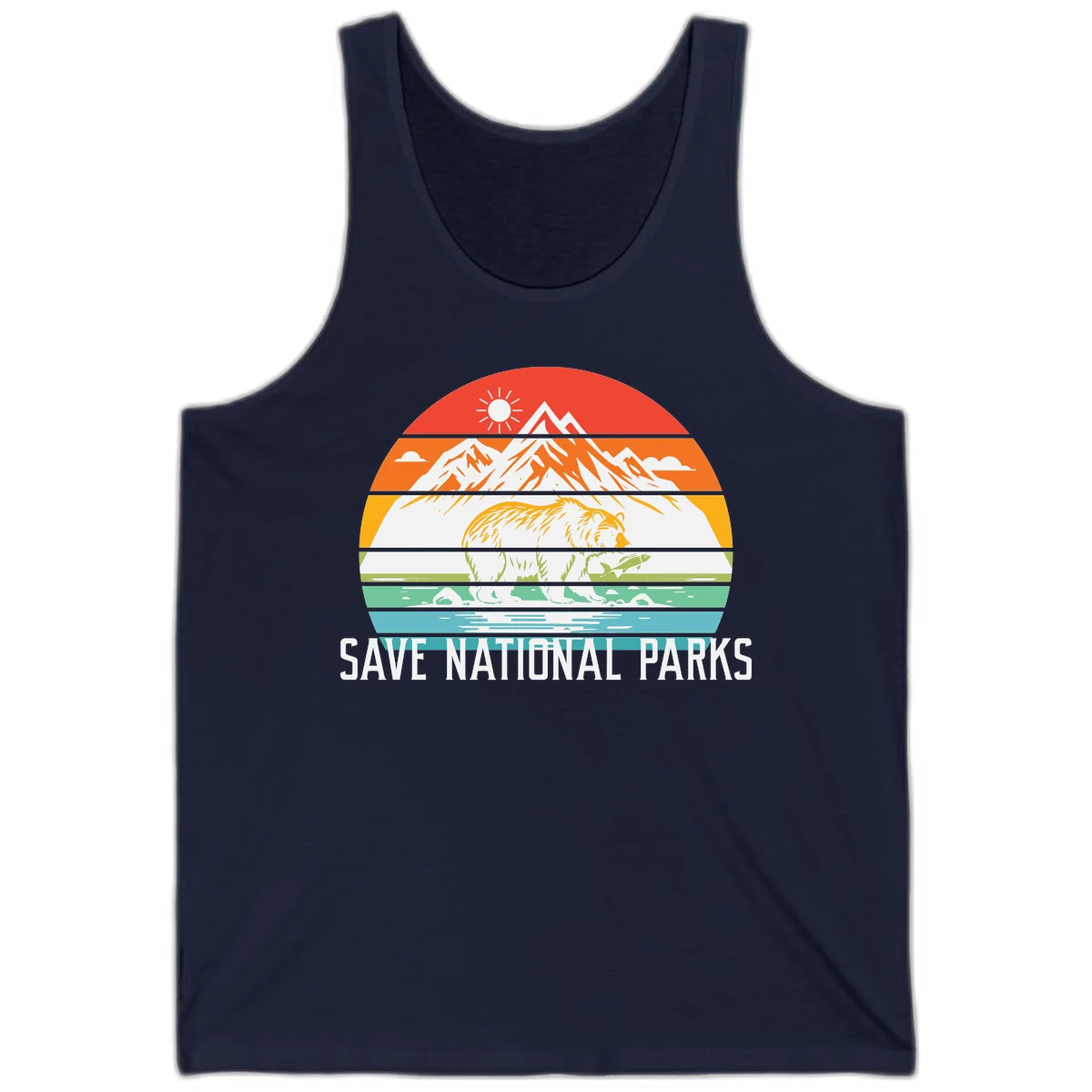 Colorful striped landscape showing mountains, wildlife, and water with 'Save National Parks' text promoting conservation awareness. in Navy