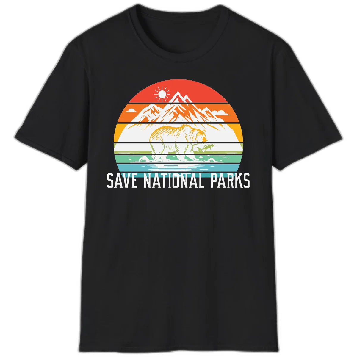 Colorful striped landscape showing mountains, wildlife, and water with 'Save National Parks' text promoting conservation awareness. in Black