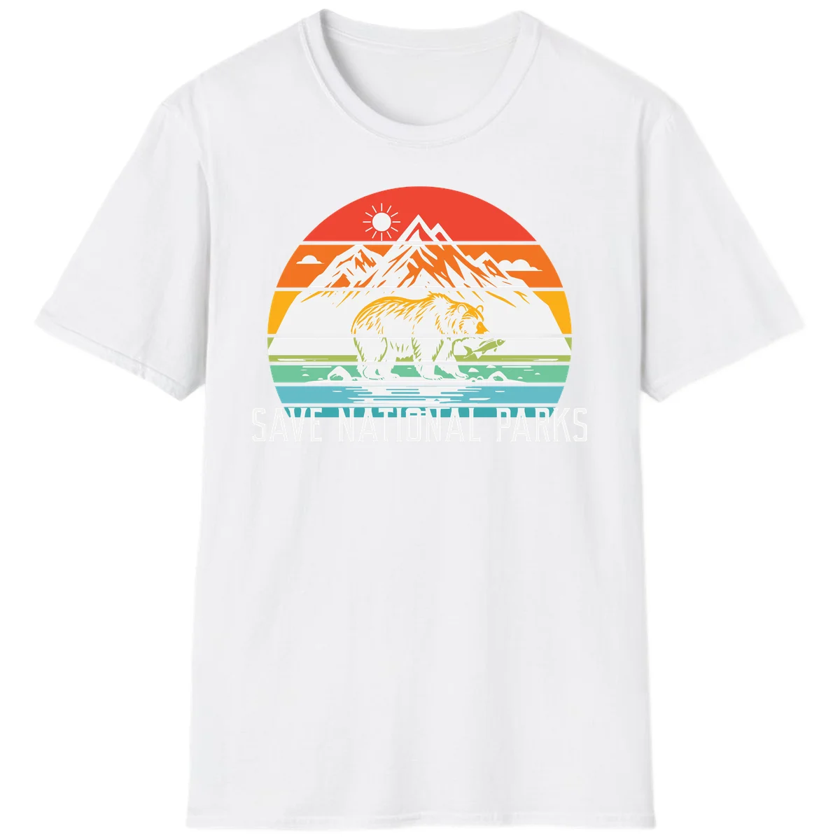 Colorful striped landscape showing mountains, wildlife, and water with 'Save National Parks' text promoting conservation awareness. in White