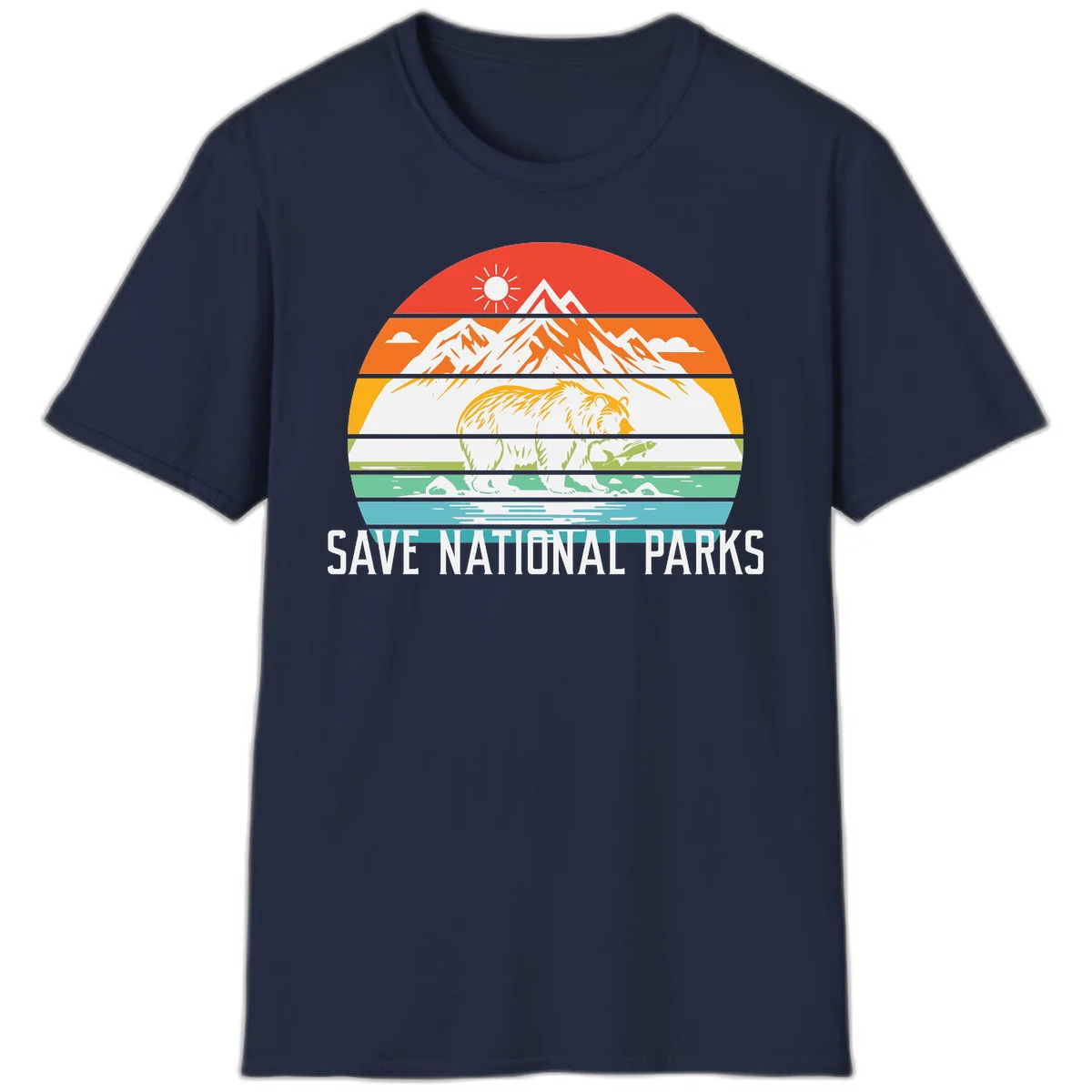 Colorful striped landscape showing mountains, wildlife, and water with 'Save National Parks' text promoting conservation awareness. in Navy