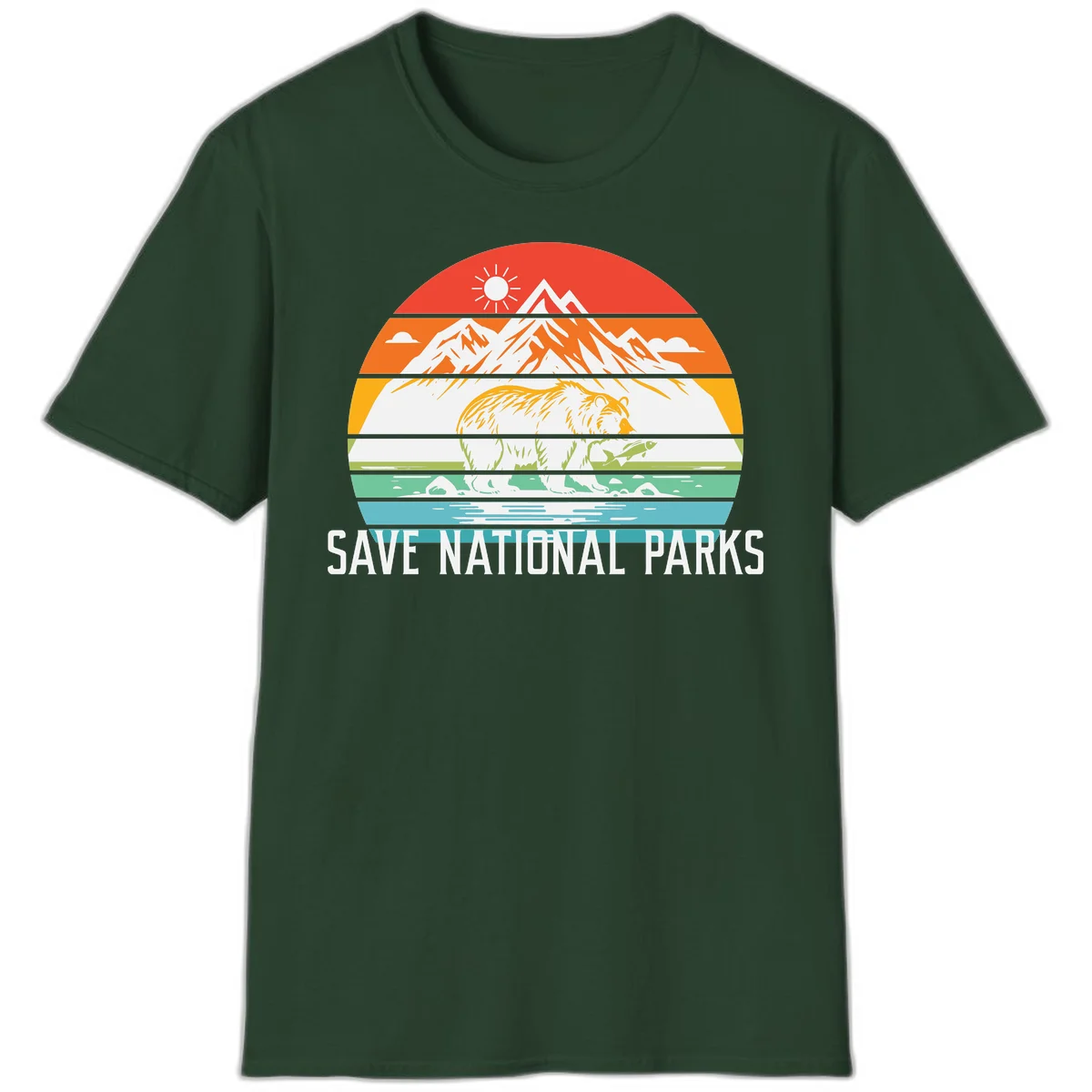 Colorful striped landscape showing mountains, wildlife, and water with 'Save National Parks' text promoting conservation awareness. in Forest Green