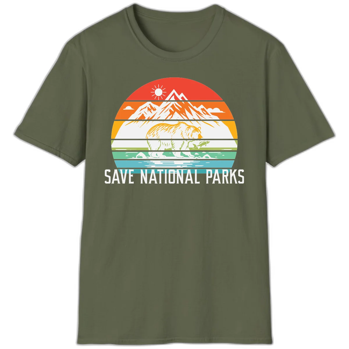 Colorful striped landscape showing mountains, wildlife, and water with 'Save National Parks' text promoting conservation awareness. in Military Green