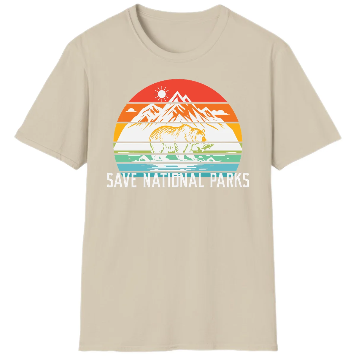 Colorful striped landscape showing mountains, wildlife, and water with 'Save National Parks' text promoting conservation awareness. in Sand