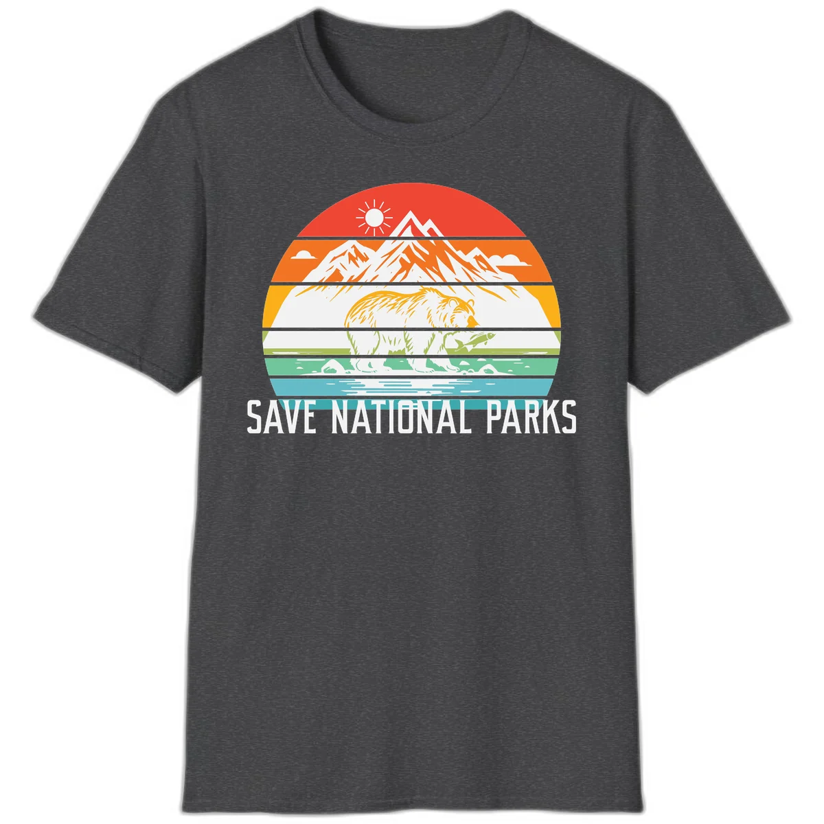 Colorful striped landscape showing mountains, wildlife, and water with 'Save National Parks' text promoting conservation awareness. in Dark Heather
