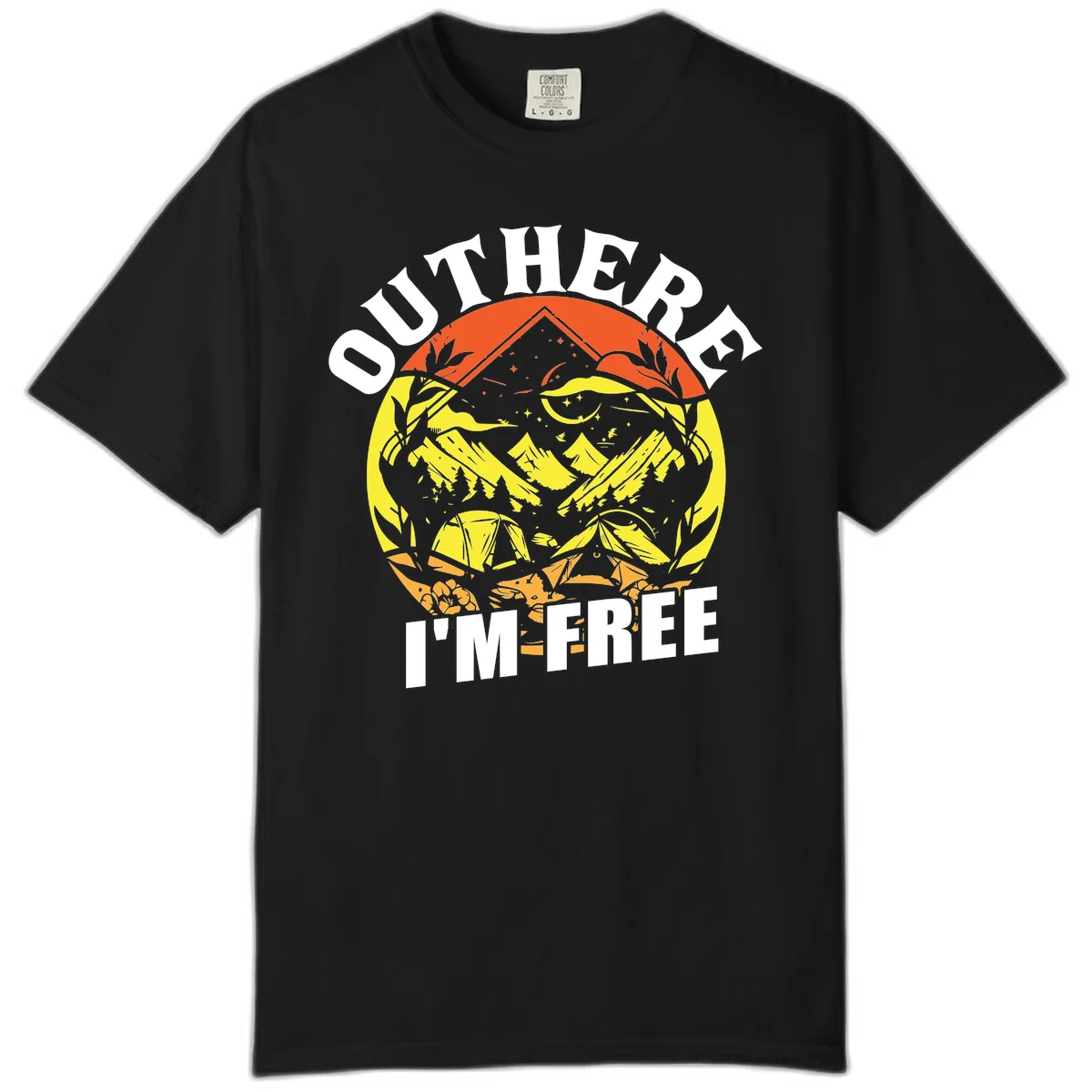 Outer I'm Free camping design with mountain peak, tent, campfire, trees and stars in vintage style illustration in Black