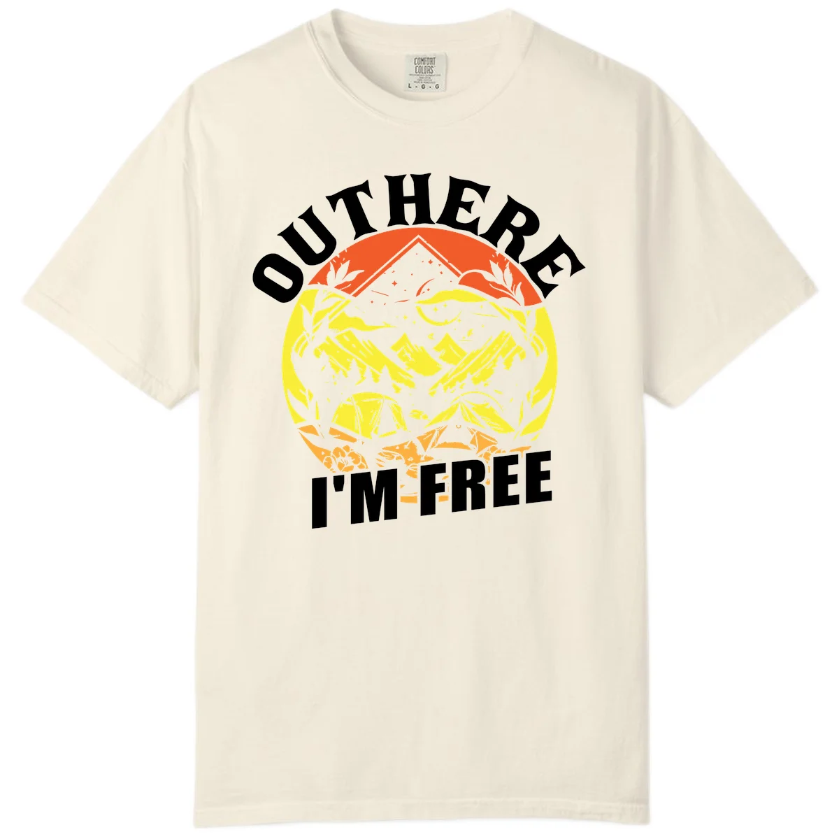 Outer I'm Free camping design with mountain peak, tent, campfire, trees and stars in vintage style illustration in Ivory