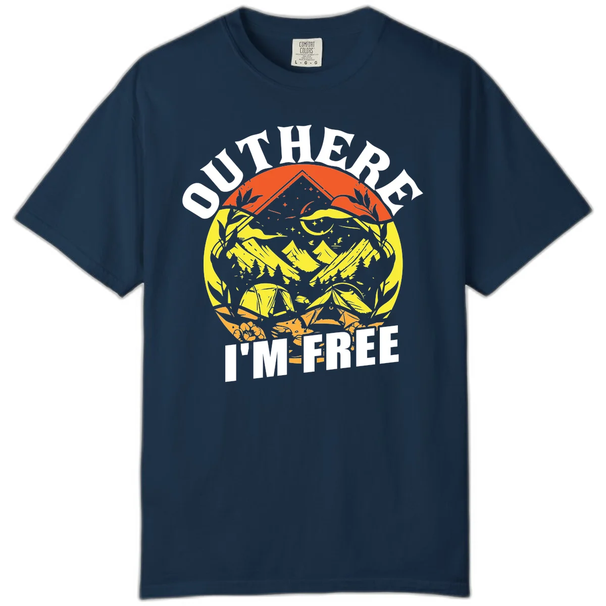 Outer I'm Free camping design with mountain peak, tent, campfire, trees and stars in vintage style illustration in True Navy