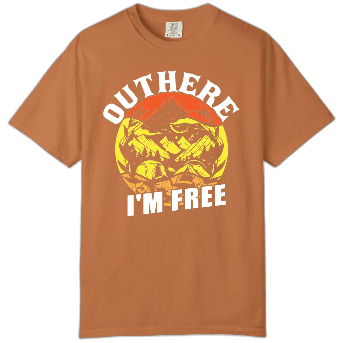 Outer I'm Free camping design with mountain peak, tent, campfire, trees and stars in vintage style illustration in Yam