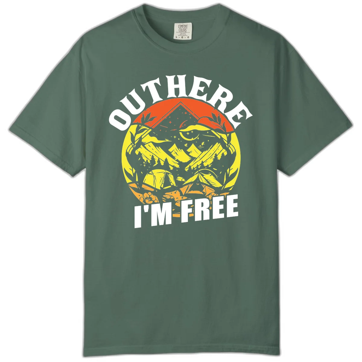 Outer I'm Free camping design with mountain peak, tent, campfire, trees and stars in vintage style illustration in Blue Spruce