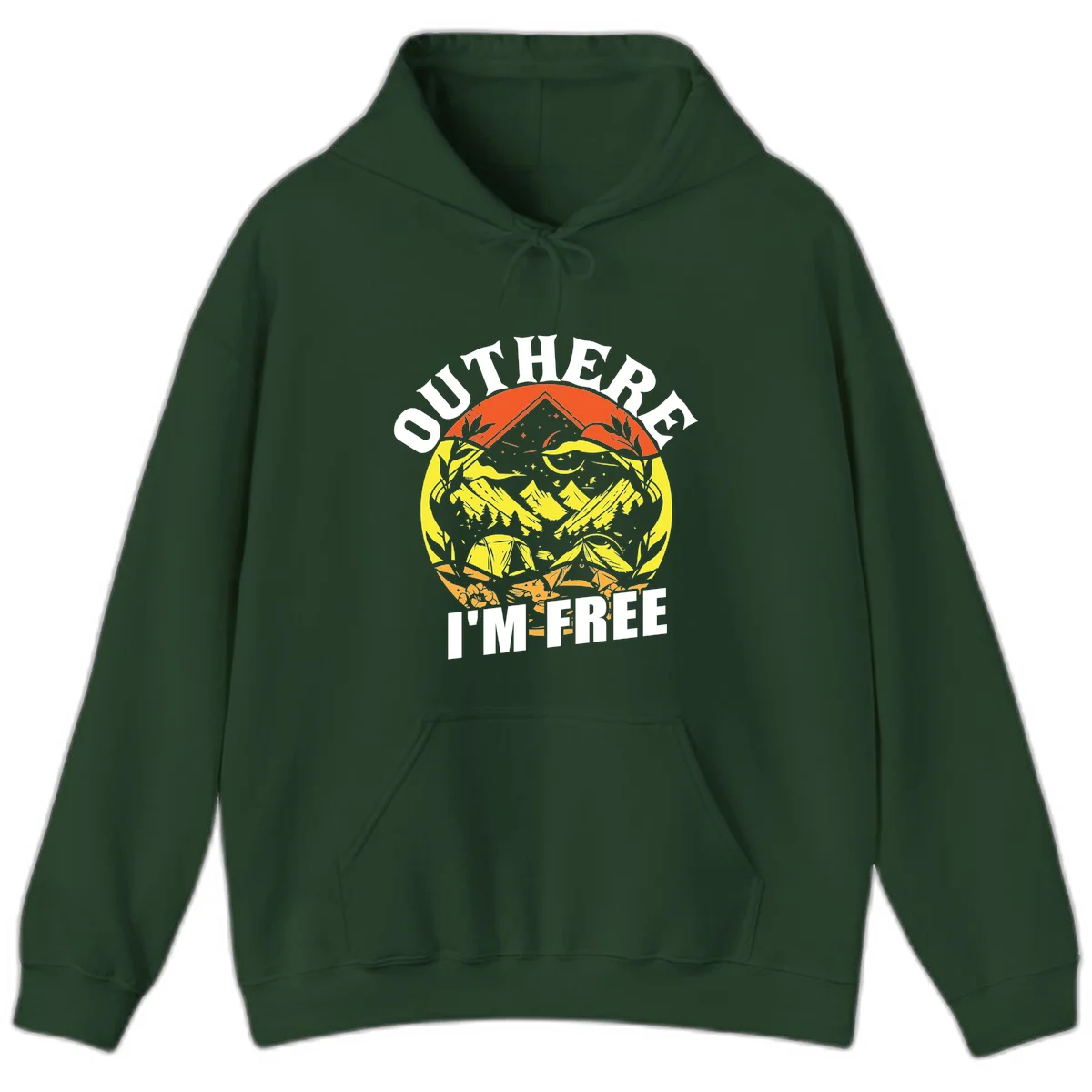 Outer I'm Free camping design with mountain peak, tent, campfire, trees and stars in vintage style illustration in Forest Green