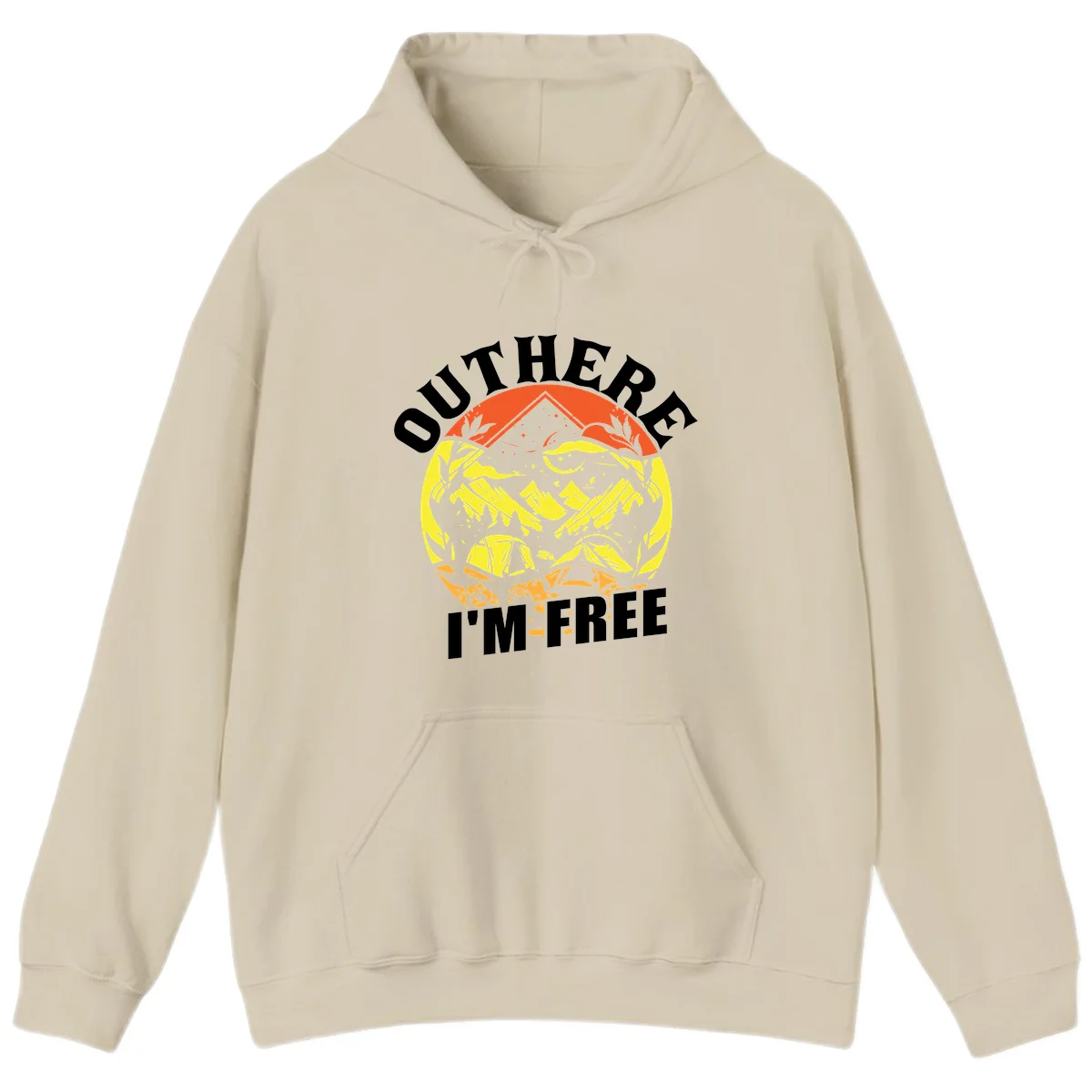 Outer I'm Free camping design with mountain peak, tent, campfire, trees and stars in vintage style illustration in Sand