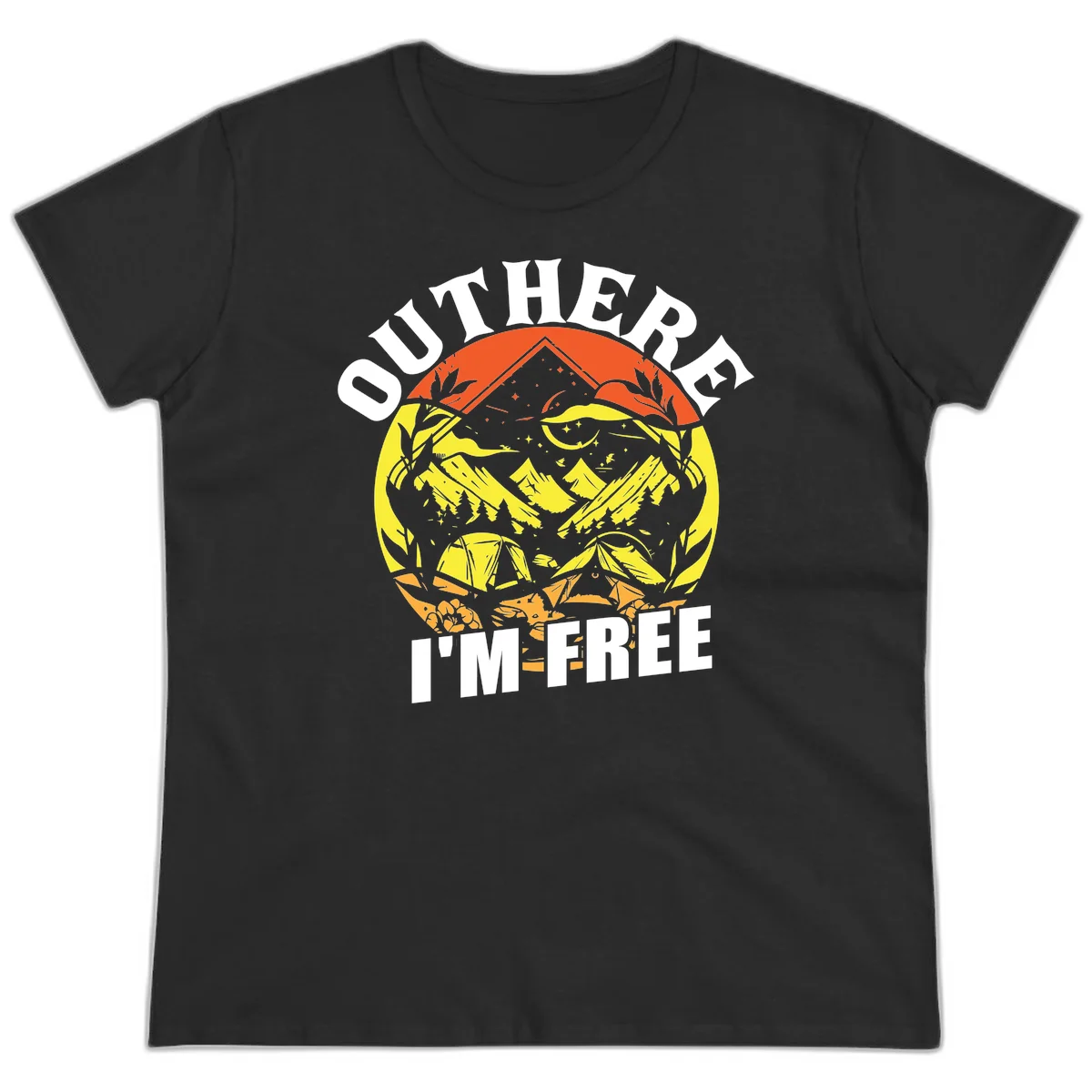 Outer I'm Free camping design with mountain peak, tent, campfire, trees and stars in vintage style illustration in Black