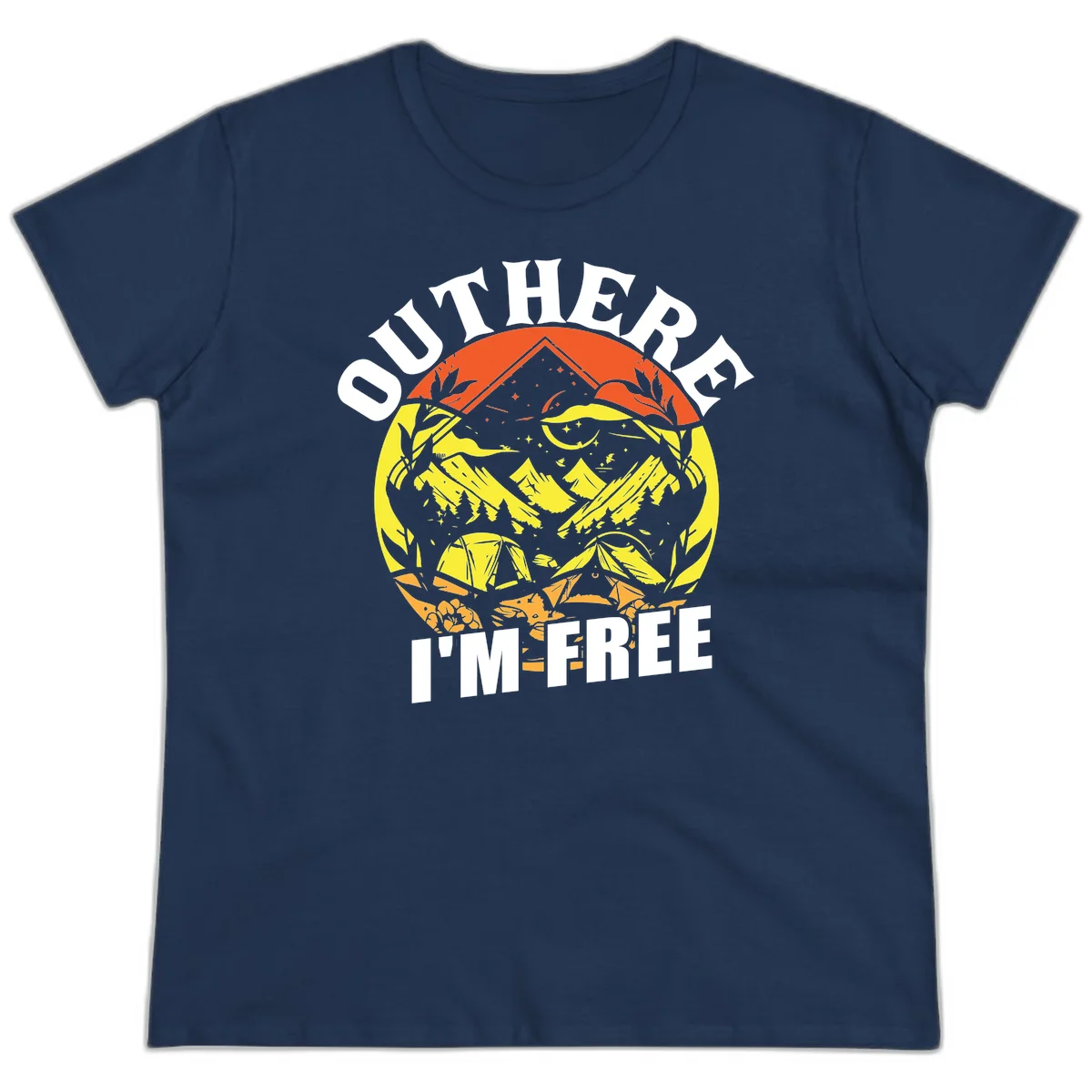 Outer I'm Free camping design with mountain peak, tent, campfire, trees and stars in vintage style illustration in Navy