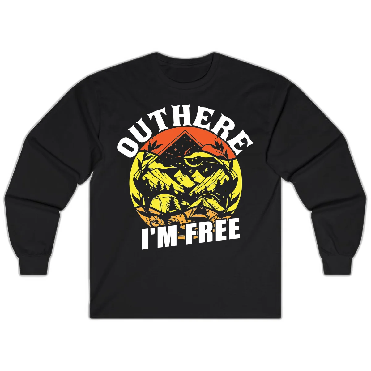 Outer I'm Free camping design with mountain peak, tent, campfire, trees and stars in vintage style illustration in Black