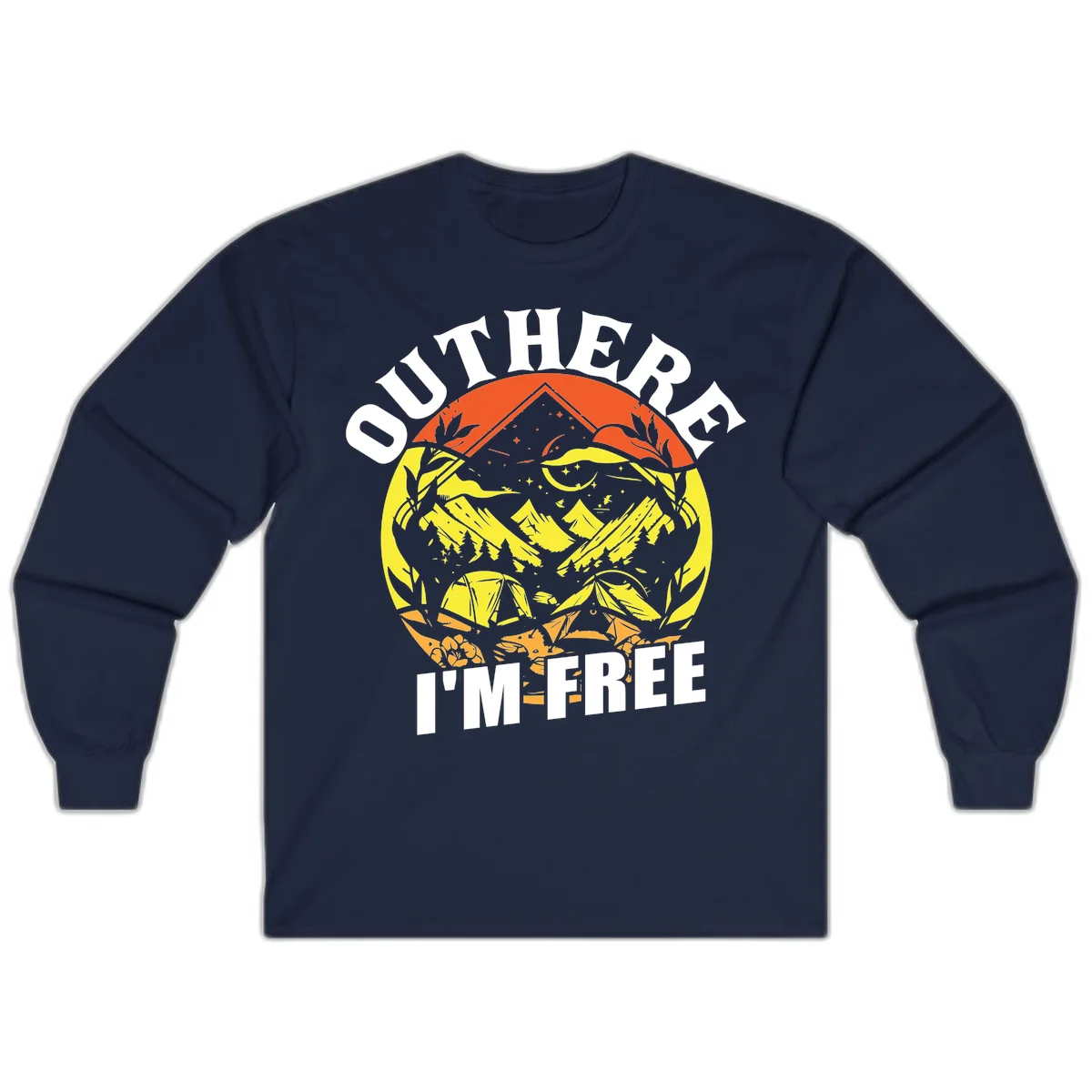 Outer I'm Free camping design with mountain peak, tent, campfire, trees and stars in vintage style illustration in Navy