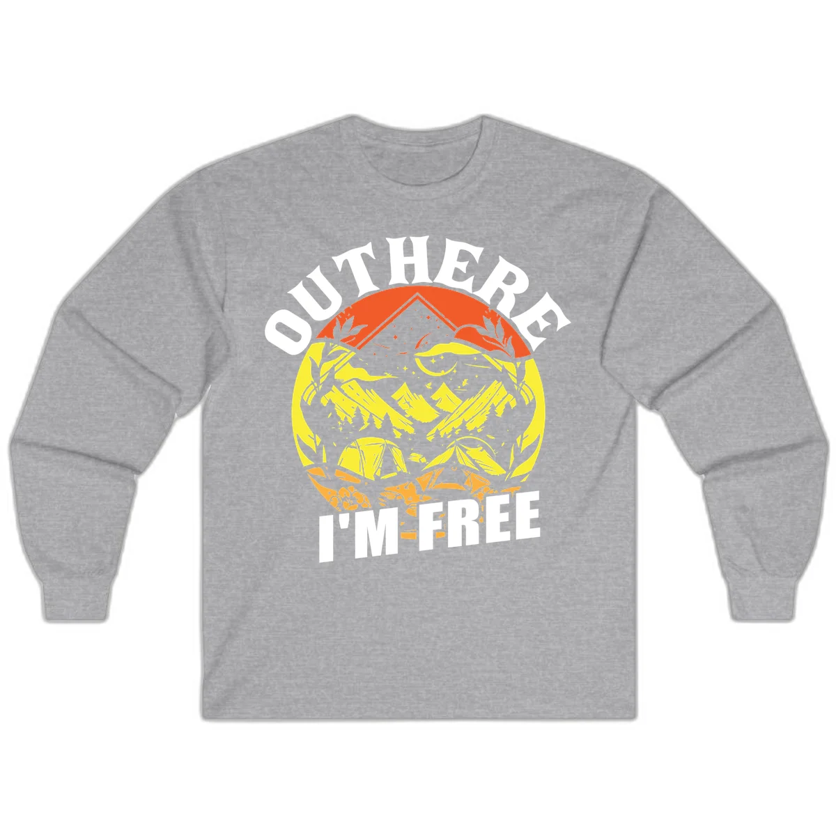 Outer I'm Free camping design with mountain peak, tent, campfire, trees and stars in vintage style illustration in Sport Grey