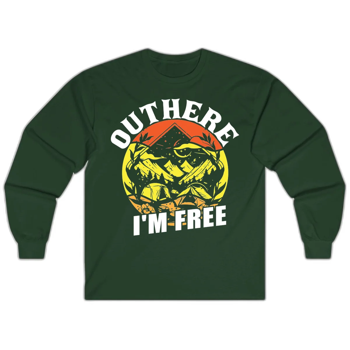 Outer I'm Free camping design with mountain peak, tent, campfire, trees and stars in vintage style illustration in Forest Green