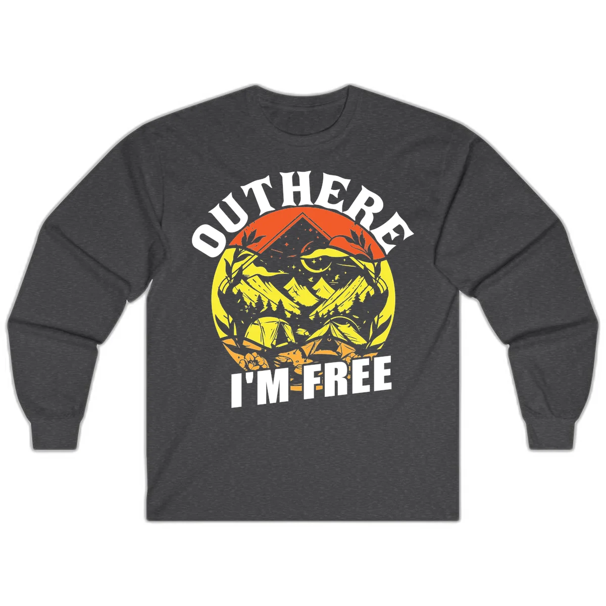 Outer I'm Free camping design with mountain peak, tent, campfire, trees and stars in vintage style illustration in Dark Heather