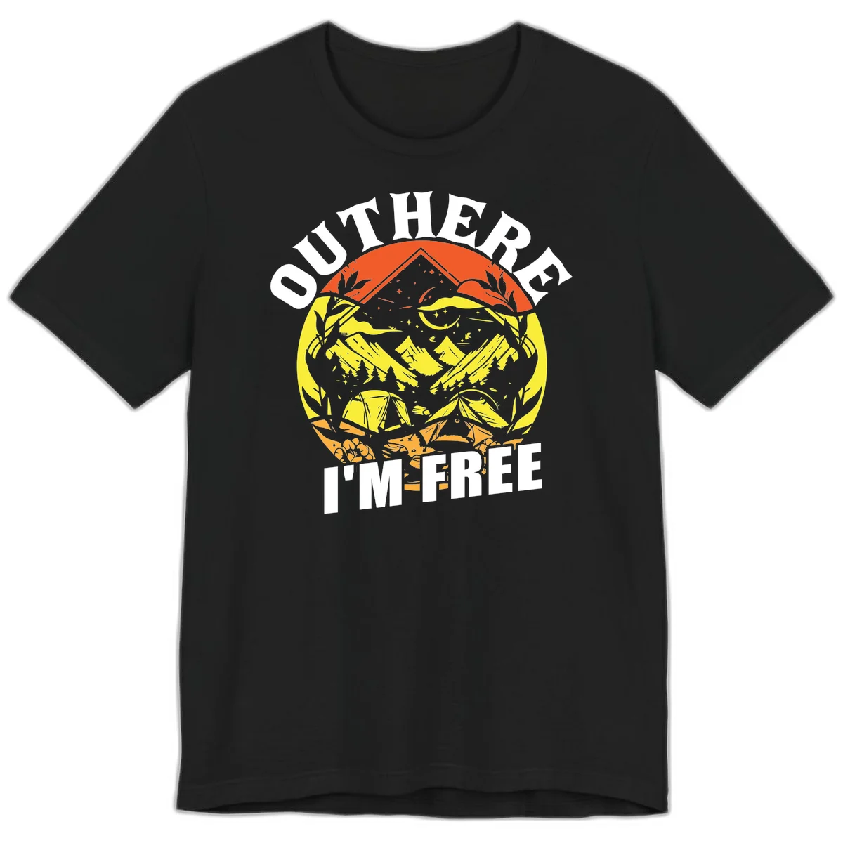 Outer I'm Free camping design with mountain peak, tent, campfire, trees and stars in vintage style illustration in Black