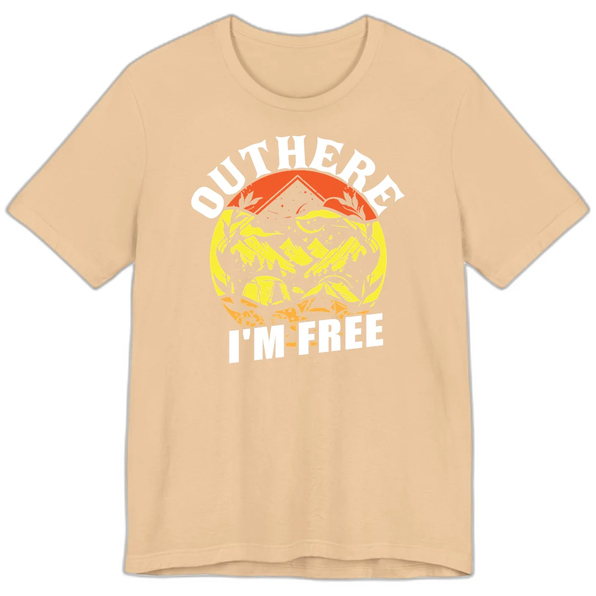 Outer I'm Free camping design with mountain peak, tent, campfire, trees and stars in vintage style illustration in Sand Dune