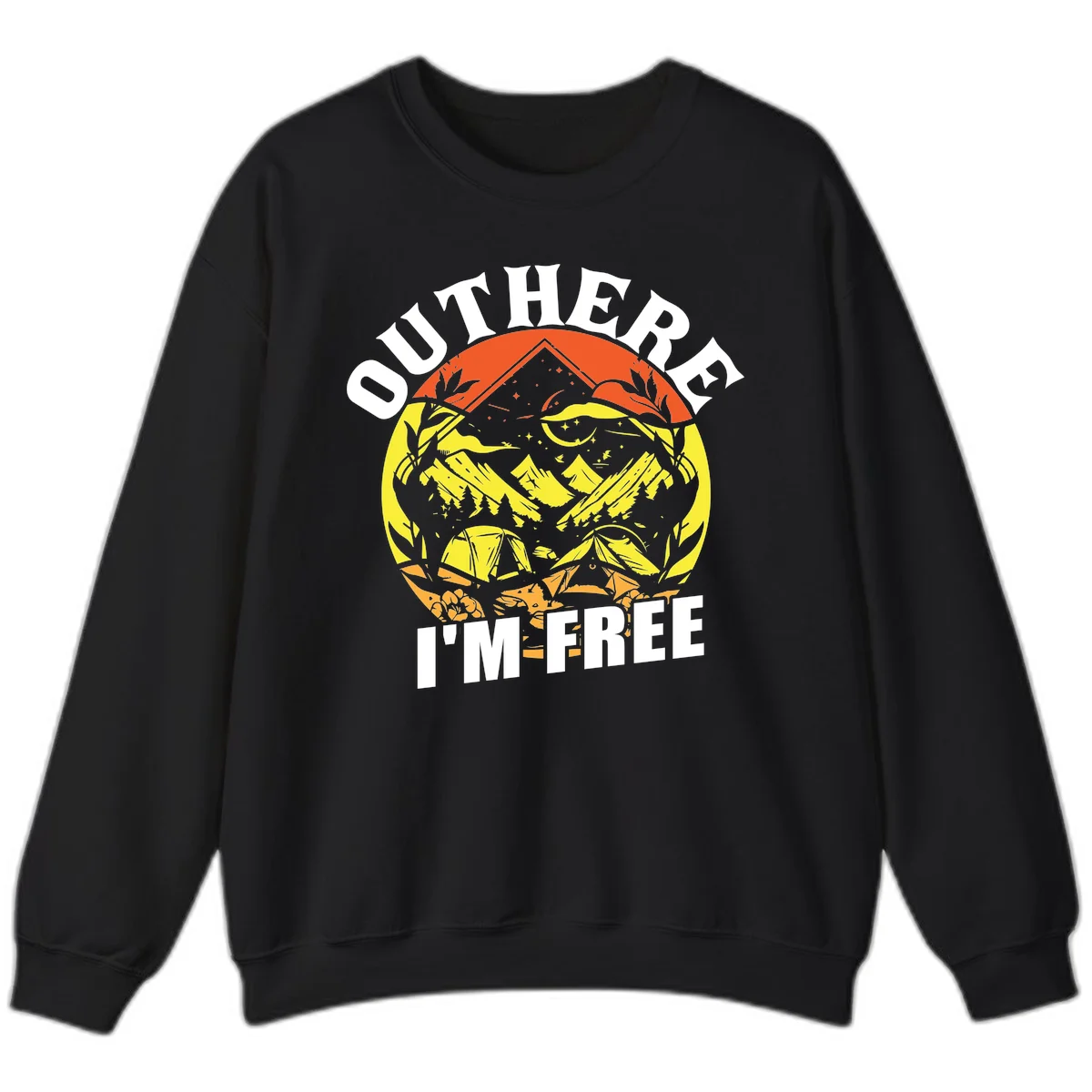 Outer I'm Free camping design with mountain peak, tent, campfire, trees and stars in vintage style illustration in Black