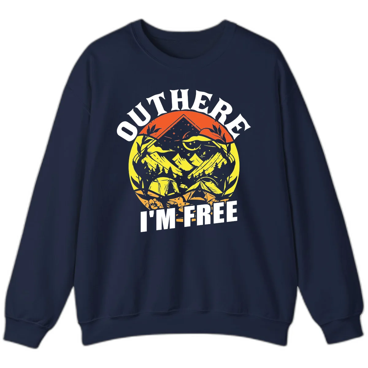 Outer I'm Free camping design with mountain peak, tent, campfire, trees and stars in vintage style illustration in Navy