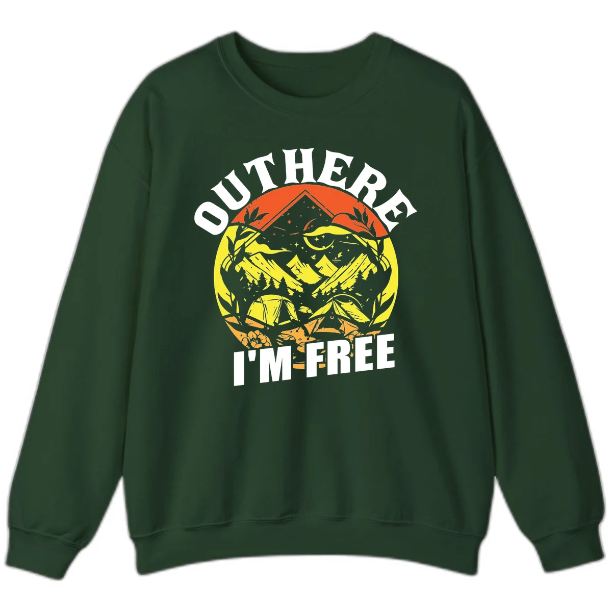 Outer I'm Free camping design with mountain peak, tent, campfire, trees and stars in vintage style illustration in Forest Green