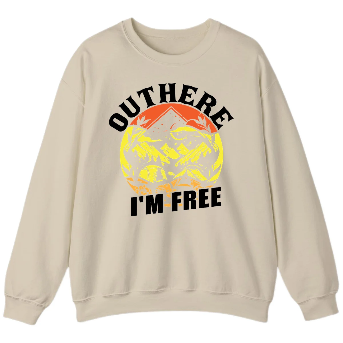 Outer I'm Free camping design with mountain peak, tent, campfire, trees and stars in vintage style illustration in Sand