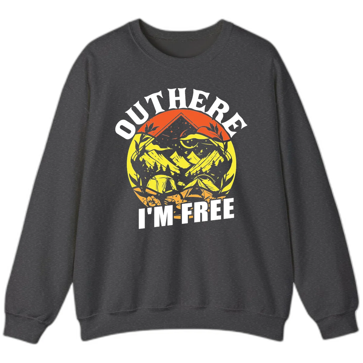 Outer I'm Free camping design with mountain peak, tent, campfire, trees and stars in vintage style illustration in Dark Heather