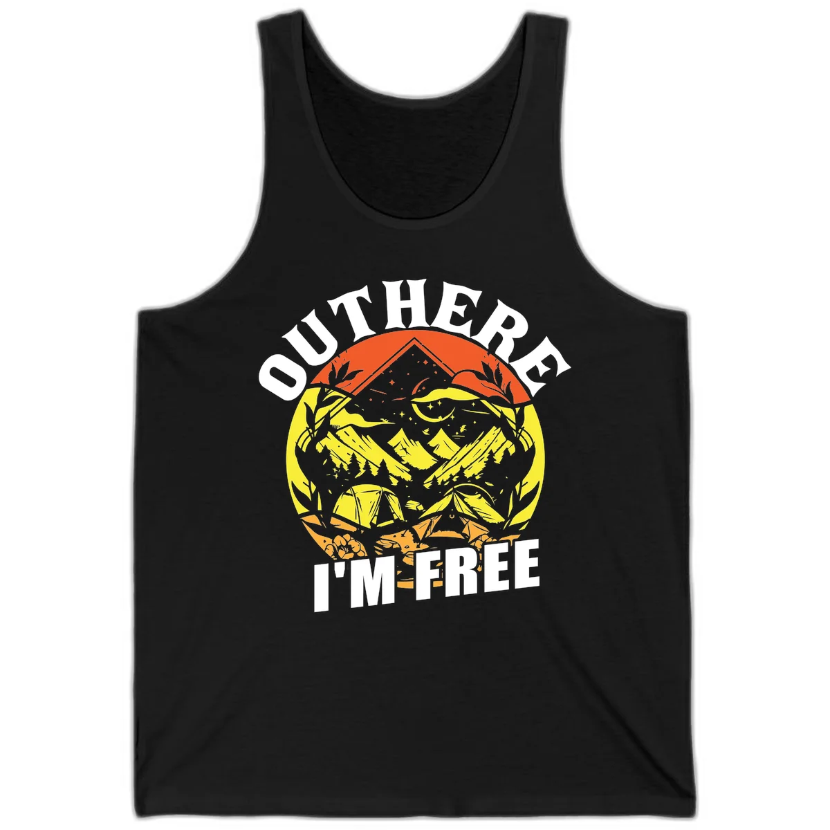 Outer I'm Free camping design with mountain peak, tent, campfire, trees and stars in vintage style illustration in Black