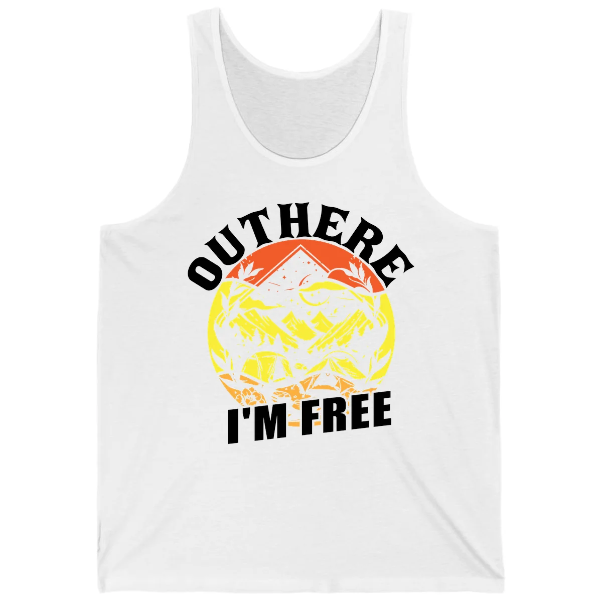 Outer I'm Free camping design with mountain peak, tent, campfire, trees and stars in vintage style illustration in White