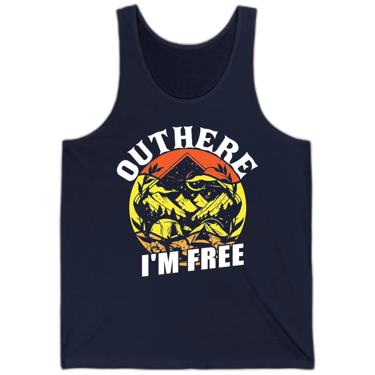 Outer I'm Free camping design with mountain peak, tent, campfire, trees and stars in vintage style illustration in Navy