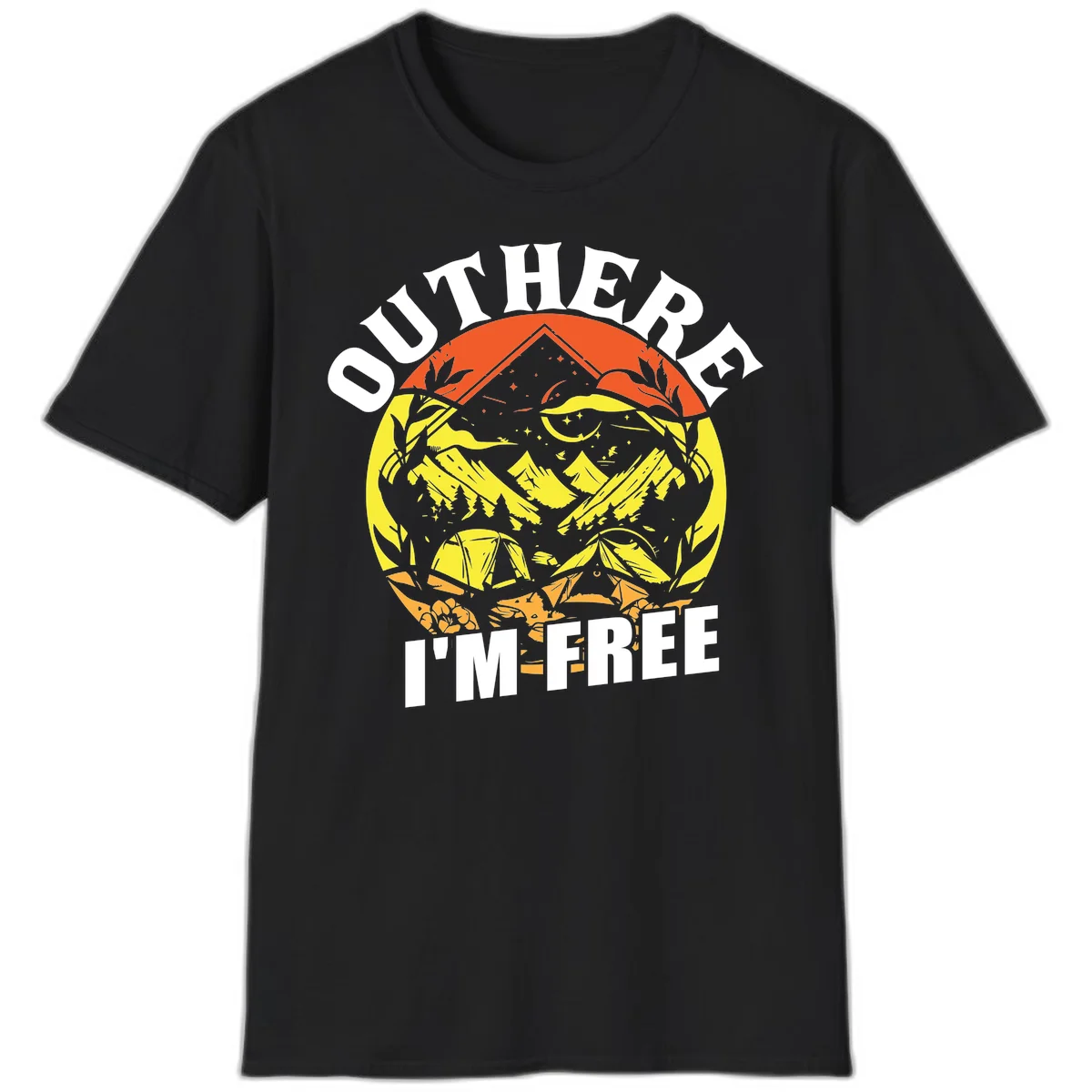 Outer I'm Free camping design with mountain peak, tent, campfire, trees and stars in vintage style illustration in Black