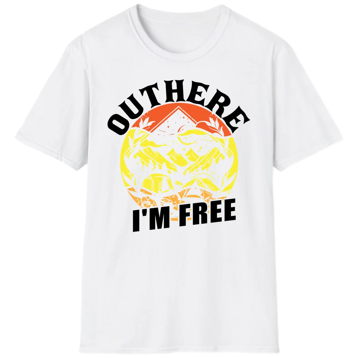 Outer I'm Free camping design with mountain peak, tent, campfire, trees and stars in vintage style illustration in White