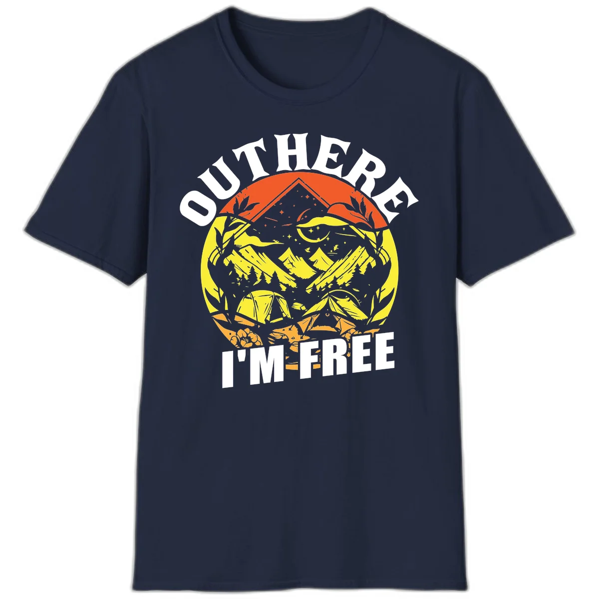 Outer I'm Free camping design with mountain peak, tent, campfire, trees and stars in vintage style illustration in Navy