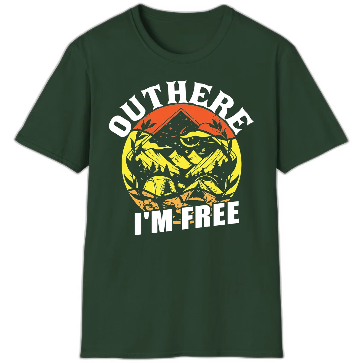 Outer I'm Free camping design with mountain peak, tent, campfire, trees and stars in vintage style illustration in Forest Green