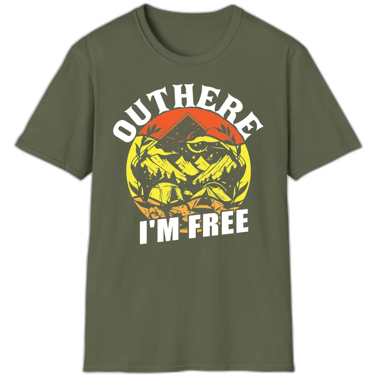 Outer I'm Free camping design with mountain peak, tent, campfire, trees and stars in vintage style illustration in Military Green